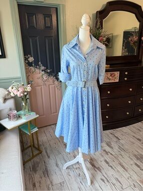 Light Blue Button-Front Midi Dress with Belt NWOT